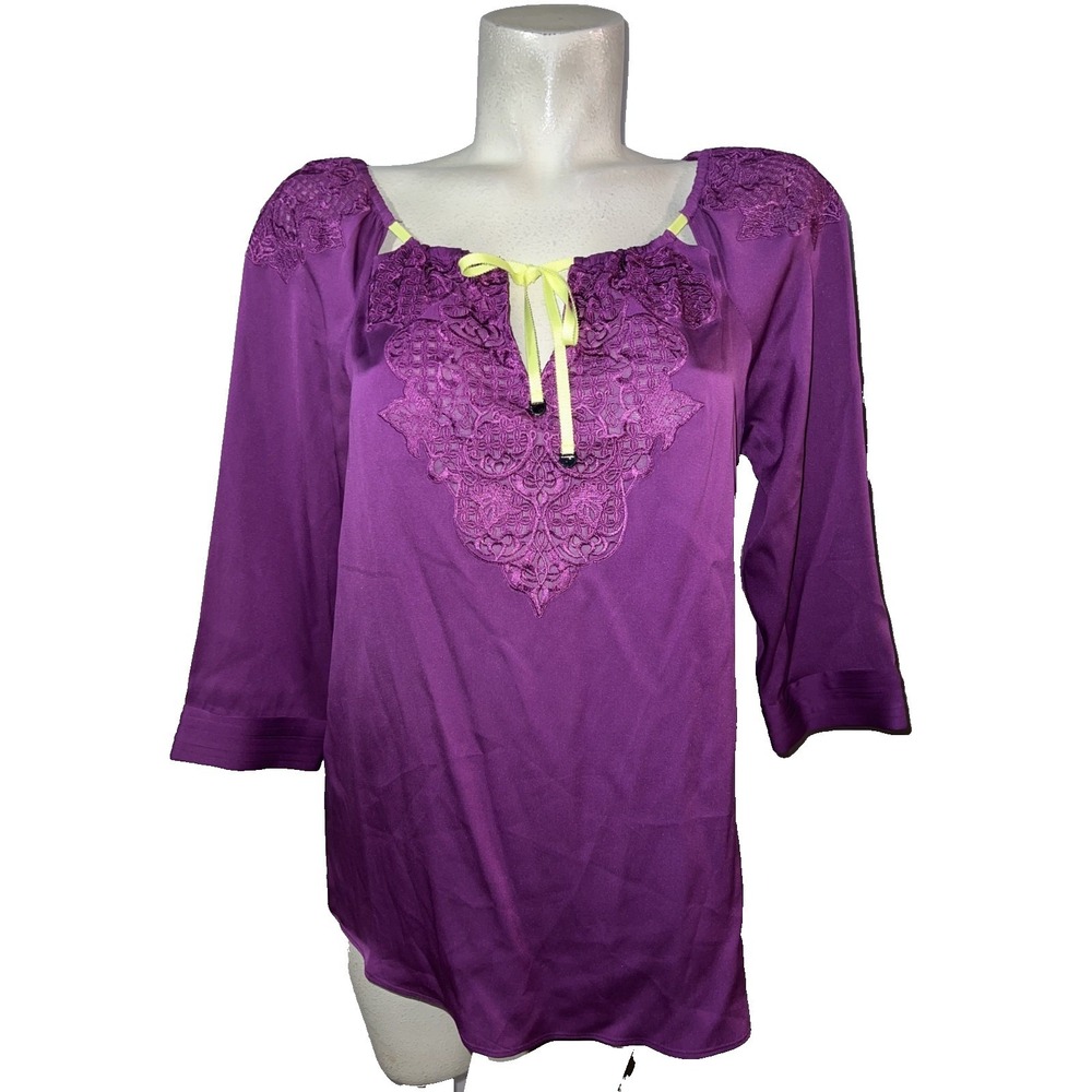 Elie Tahari Top Purple Silk Blend Lace Embroidered Tie Neck Blouse Womens Size M